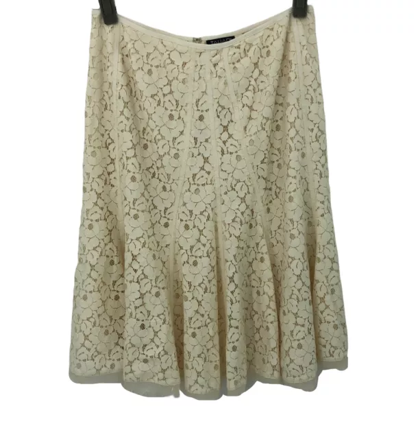 Tahari Floral Lace Overlay Midi Skirt Womens Size 4 Cream A Line Frayed Hem Boho