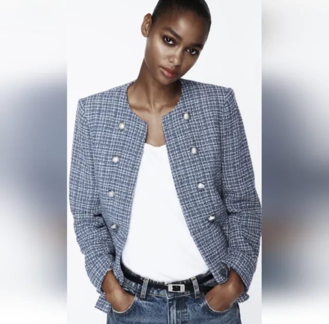 NWT! Zara Textured Tweed Jacket Blazer Silver Buttons Blue Navy - Women’s Size S