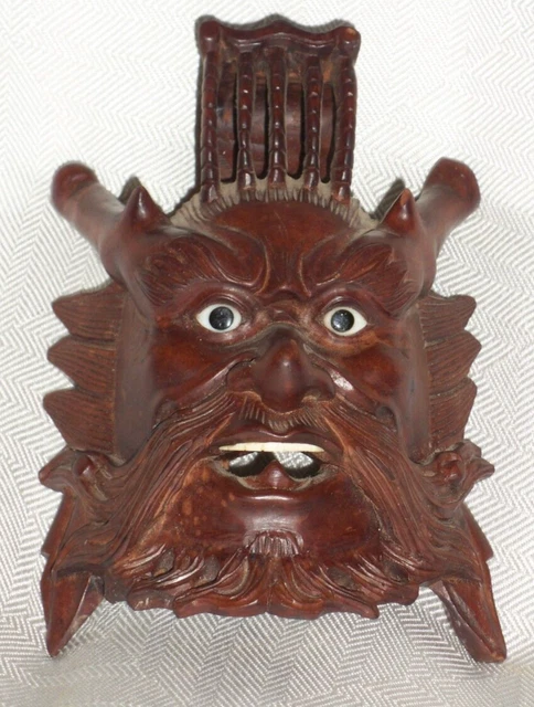 Antique Satyr Bacchus Faun Immortal Deity Head Chinese Rosewood Carved Inlaid 6"