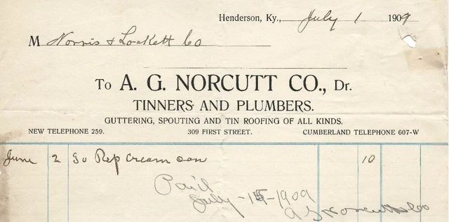 A G Norcutt Co Henderson KY 1909 Billhead Tinners and Plummers Spouting Roofing