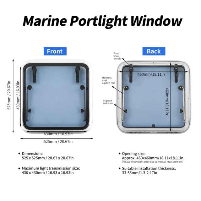 √ Boat Porthole Window L460mm H460mm Tempered Glass Push Out Hatch Window