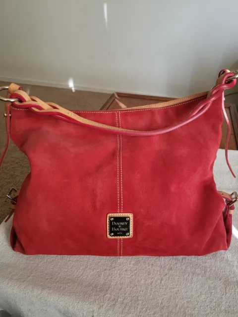 Preowned Dooney & Bourke Suede Hobo Purse red leather accent on strap - AS IS