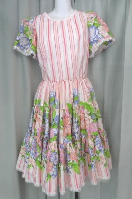 Vtg Rockmount Ranch Wear Bright Floral Square Dance Ruffle Stripe Dress Size 10
