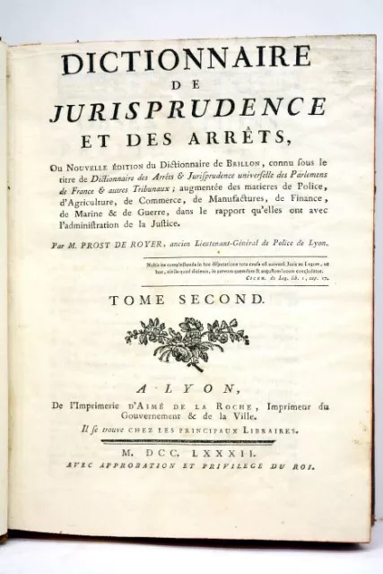 Livre Ancien Royer Dictionnaire Jurisprudence Et Arrets Parlements 1782