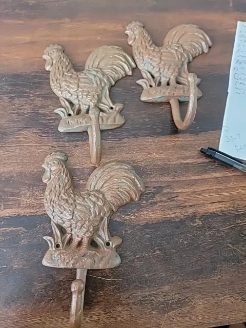 Rustic Cast Iron Rooster Wall Hooks Brown 7"