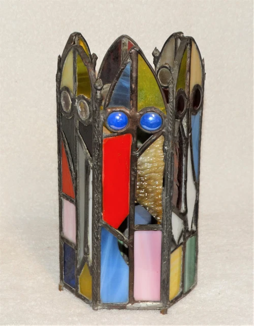 SALE VTG Handmade Stained Glass Candle holder, votive or tea light--8 5/8” tall