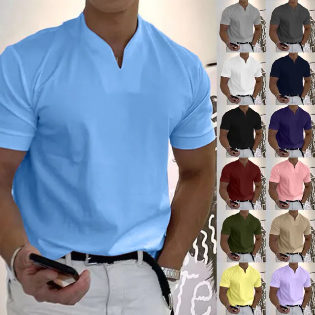Mens Plain Grandad Henley Shirts Summer Short Sleeve Loose Casual T-Shirt Tops
