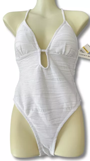 Lucky Brand Love Wave White Plunge Neck One Piece Swimsuit