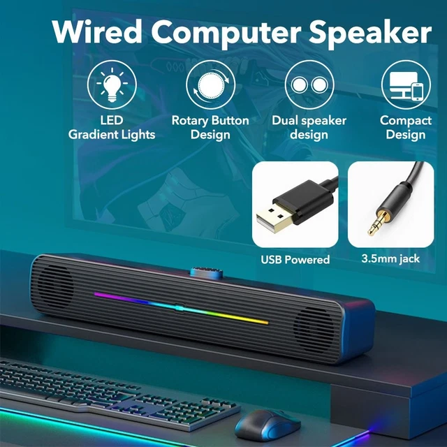 POWERFUL LOUD SURROUND Sound Wired Speakers Gaming Bass USB LED for PC ...