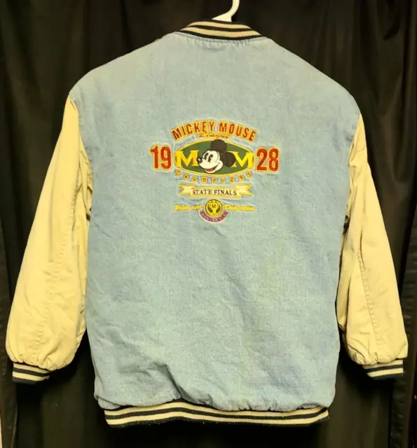 Vintage Childs Youth Mickey Mouse Denim 1928 Embroidered Bomber Jacket