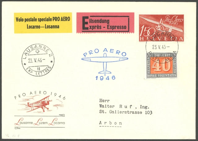 LUFTPOST 23.5.1946, LOCARNO-LAUSANNE, Eilbrief, Pracht