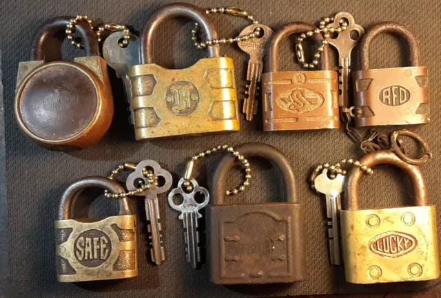 Lot of 7 antique collectable padlocks Fraim, Corbon, Safe, Lucky, Slaymaker, RFD