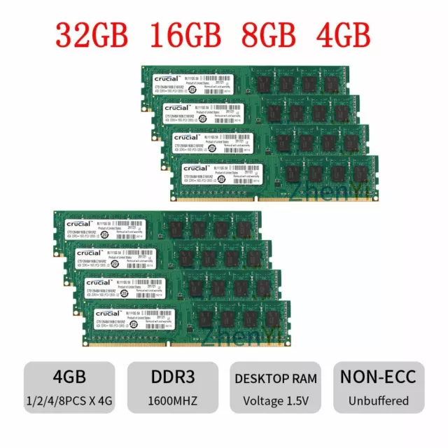 32GB 16GB 8GB 4GB PC3-12800U DDR3 240Pin DIMM Desktop Memory RAM For Crucial LOT