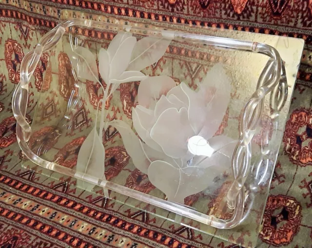 MCM DOROTHY THORPE vtg hollywood regency lucite glass sculpture magnolia tray