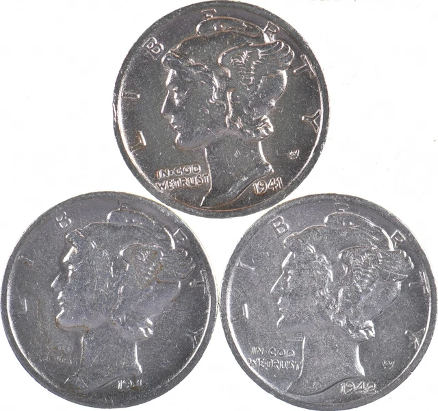HIGH GRADE 1941-S 1942-S Worn Date Mercury Silver Dime - BETTER *421