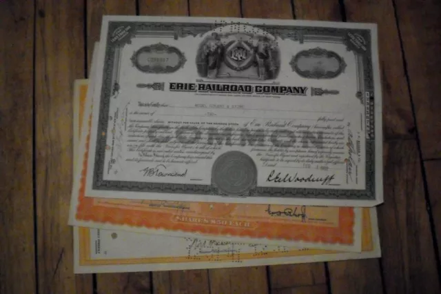 3 different old USA railroad stock certificates nice used