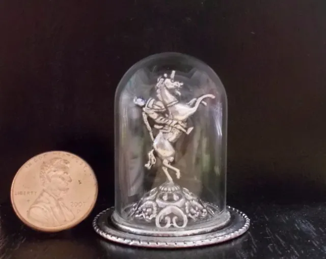 Dollhouse Miniature Statue Man-On-Horse in Glass Dome Silver 1:12 Scale OOAK New