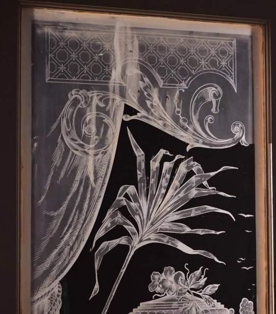 *Pair of Antique French Etched Glass Doors With Peacock Frosted Glass Salvage 3