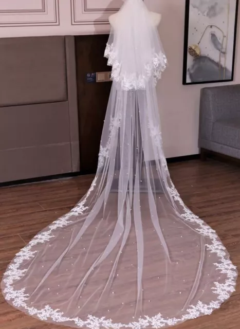 Wedding Veil Two Tier Cathedral bridal lace ivory trim and scattered pearls