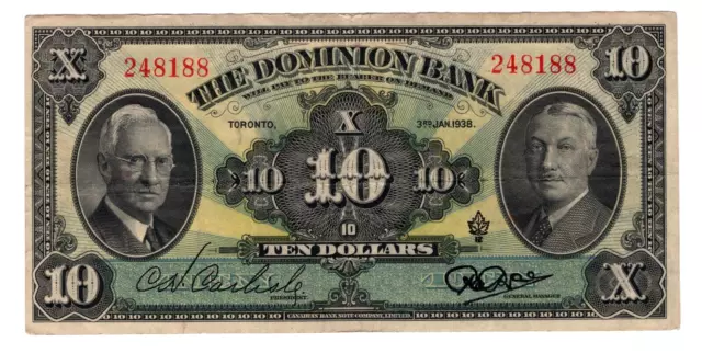 1938 The Dominion Bank $10 Dollars Note - 248188 - VF