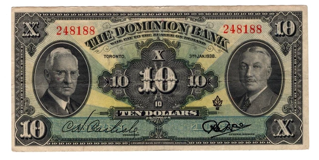 1938 The Dominion Bank $10 Dollars Note - 248188 - VF