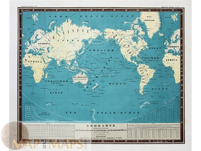 Mappa della Terra, Erdkarte nella proiezione di Mercatore. Bauerkeller 1851