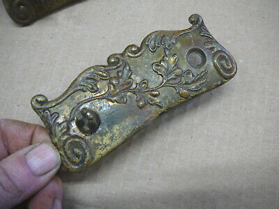 PAIR ANTIQUE DRAWER BAIL PULLS ORNATE BRASS BACKPLATES  3" Centers -  No.6-3 3