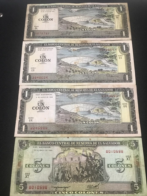 4 Salvadoran banknotes 3 of 1 colon 2 of 1980 and 1982-5 colones 1990