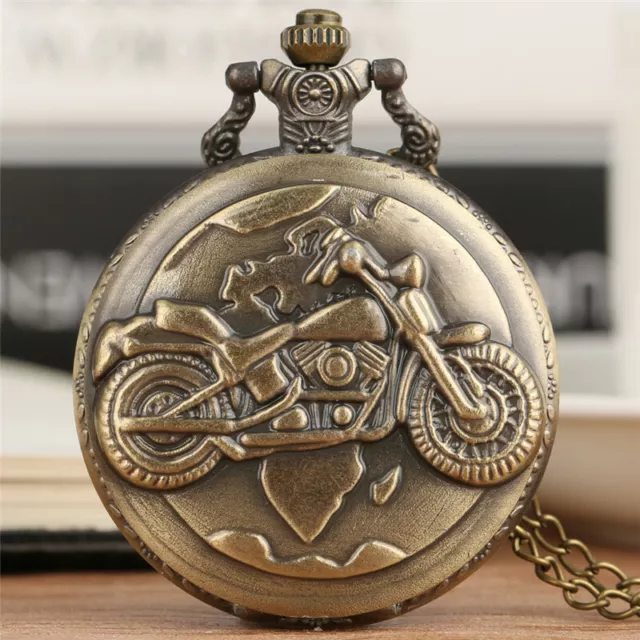 Punk Mens Quartz Pocket Watch Arabic Numerals Dial Motorcycle Pattern with Chain