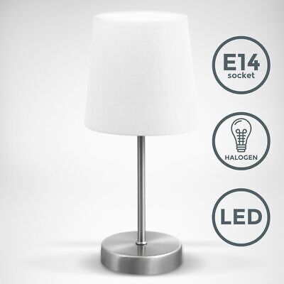 Lampe de table design moderne tissu blanc pied métal nickel mat LED E14 IP20