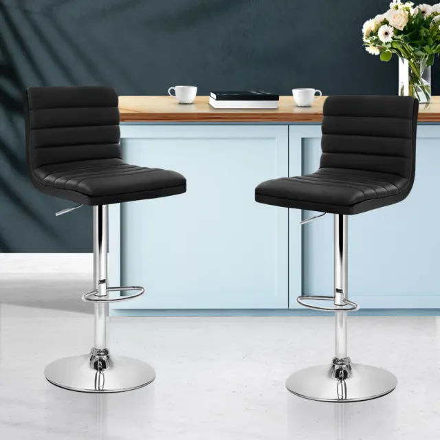 Set of 2 PU Leather Stools Swivel Bar Stool Kitchen Chairs Black Gas Lift Black