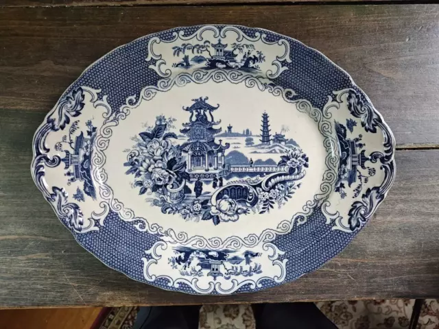 Vtg Allertons England Blue & White Chinese Oval Serving Platter, 12 1/2" X 10"