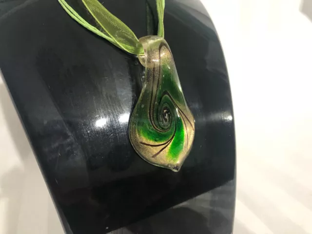 Handmade Murano Italian Glass Green Leaf Swirl Pendant necklace. Chain included.