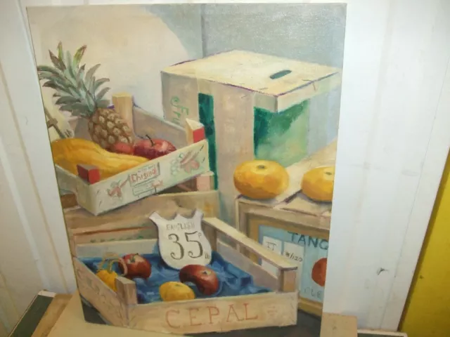 20Th Century Oil On Canvas Board, Still Life Fruit And Boxes By Ashwood