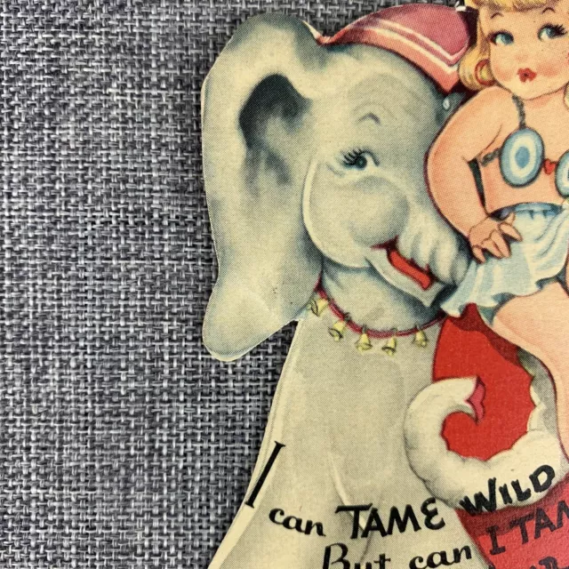 Vtg. 40's Valentine Card Pretty Circus Girl And Elephant I Can Tame Wild Beasts 2