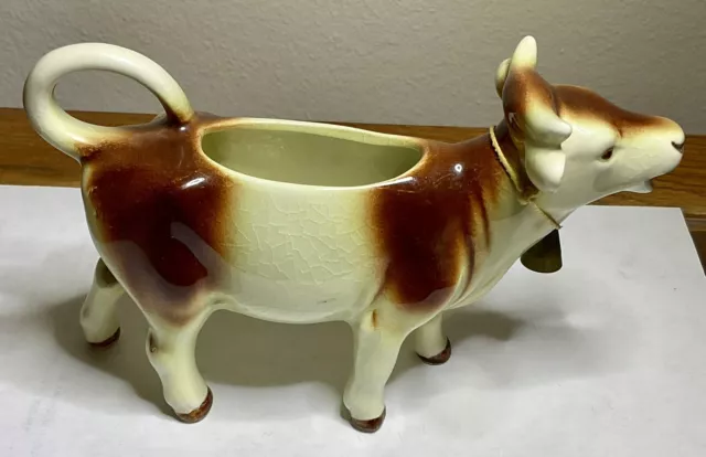 Vintage Ceramic Brown & White Cow Creamer with Original Bell. Germany. 1950s