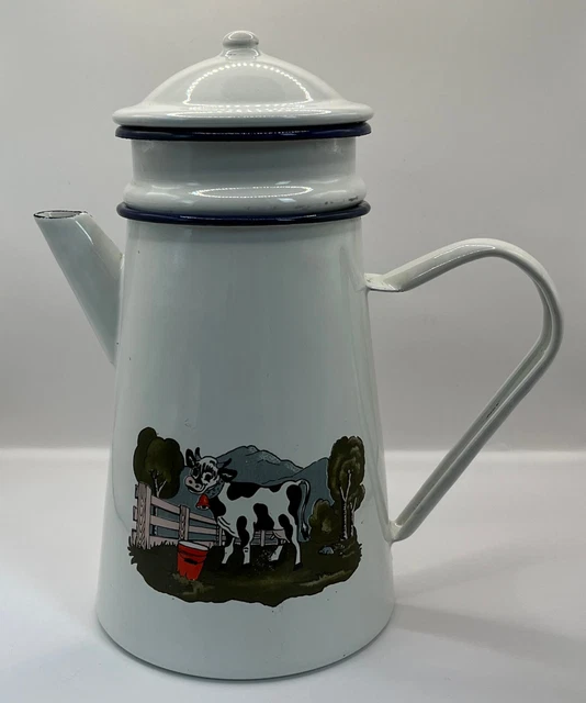 Théière/cafetière en émail blanc et bleu vintage des années