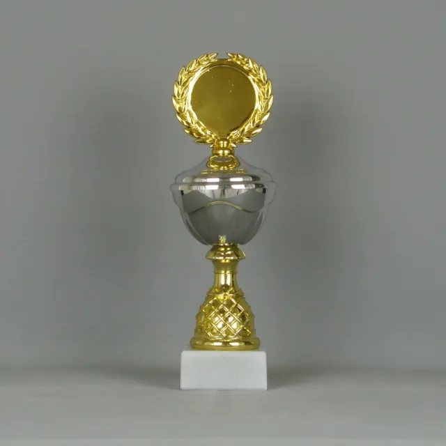 Pokal / 25 cm / silber-gold / mit Gravur + Emblem / kompl. MONTIERT