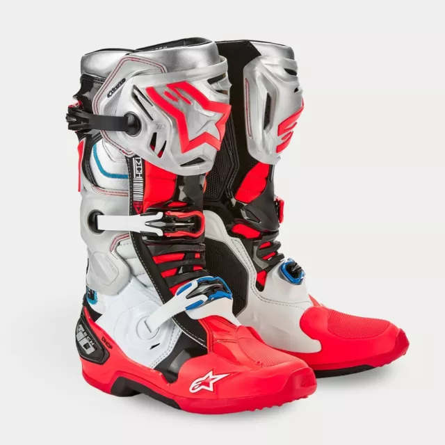 Stivali Uomo Alpinestars Tech 10 Vision Argento Rosso Nero Cross Enduro Mx Boots