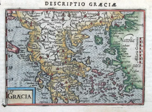 GREECE, BERTIUS Original Miniature Hand Coloured Antique Map 1606