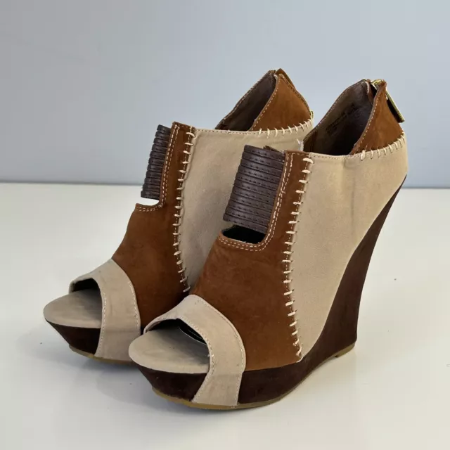 BAMBOO Women’s Brown Open Peep Toe Platform Wedge Booties High Heel Sz 8