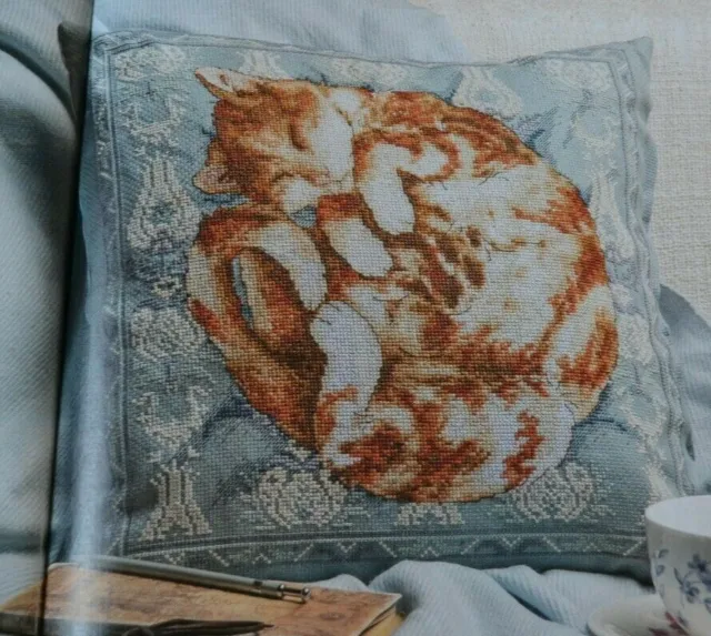 Feline Lover's Sampler Cushion Of Ginger Cat Curled Up Asleep Cross Stitch Chart