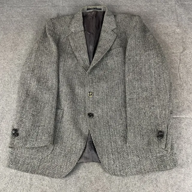 Vintage HARRIS TWEED Jacket Mens 40R Grey Herringbone Country Weave Blazer Coat