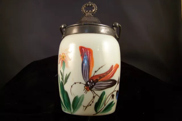 Victorian English Bristol Opaque Hand Painted Cracker Jar Dragonfly Motif