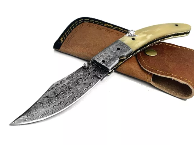 Coltello Artigianale Pieghevole In Acciaio Damasco Da Caccia Collezione Osso