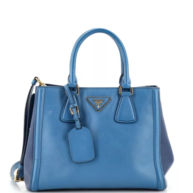 Prada Bicolor Lux Convertible Open Tote Saffiano Leather Small Blue