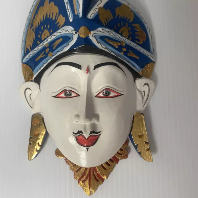 Wooden Hand Carved Mask Wall Hanging Asian Face Wall Plaque 21cm 3