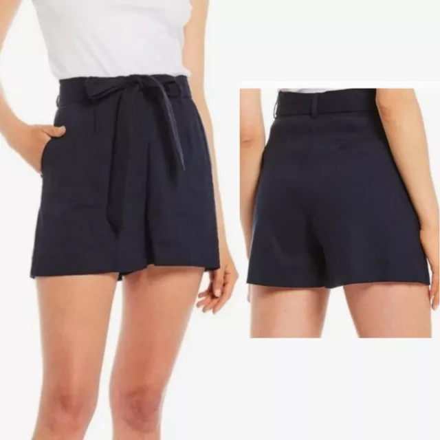 Antonio Melani size 0 Amee linen high rise pockets pleat belted shorts navy