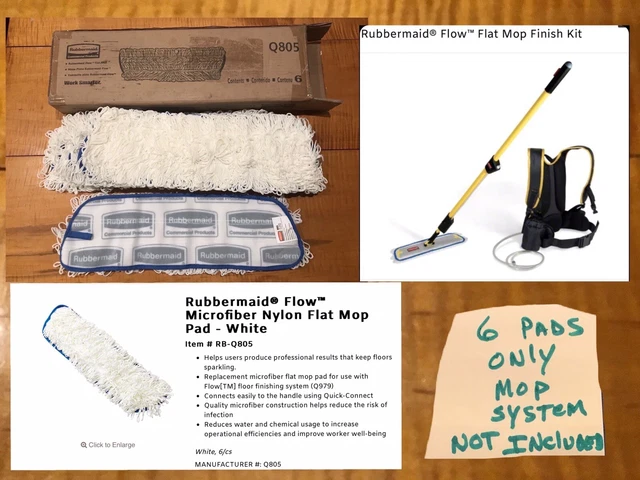6 Rubbermaid Commercial Q805 Flat Mop Pad 18 inch Nylon flow Finish Pad For Q560