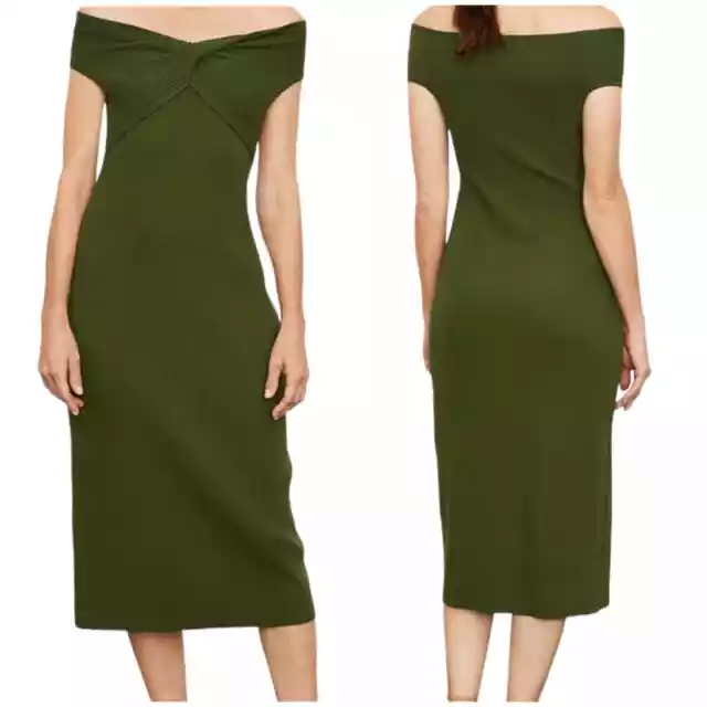Vince NWT Ribbed Twist Midi Dress Green Off Shoulder Size S Stretchy Bodycon